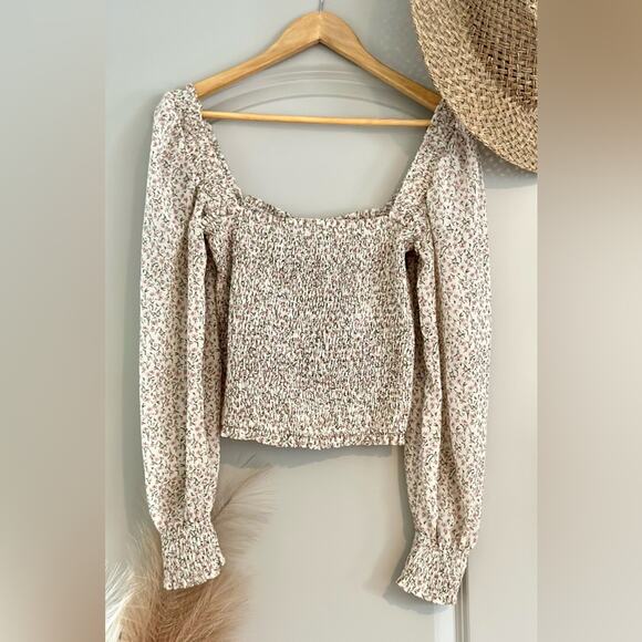 Keen The Label Smocked Peasant Blouse Puff Sleeve Crop Top Long Sleeve L - Picture 5 of 5